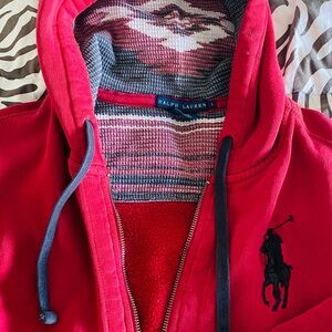 Polo “67” Vintage Ralph Lauren Red Hoodie Black leather pony and elbow-“ As Is”